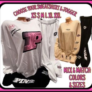 NEW VICTORIAS SECRET PINK RACING PULLOVER SWEATSHIRT & PANTS. CHOOSE YOUR FAV!